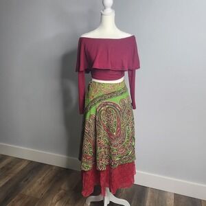 Nani Reversible Silk Wrap Skirt Womens OS Green Burgundy Excellent Paisley Boho